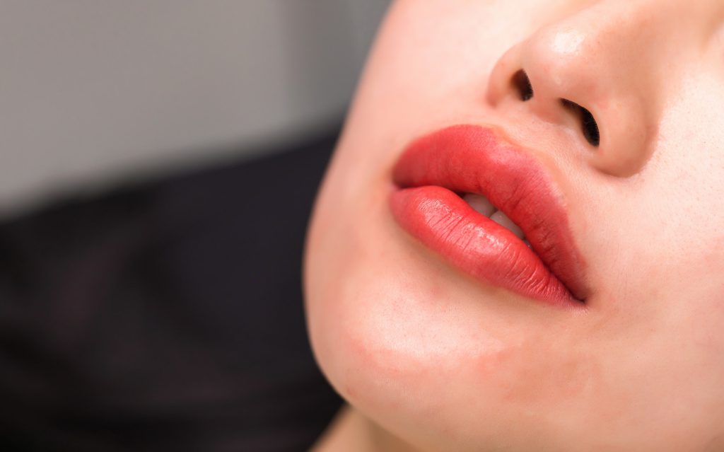 Makeup. Lip matte lipstick. Sexy pink lips.